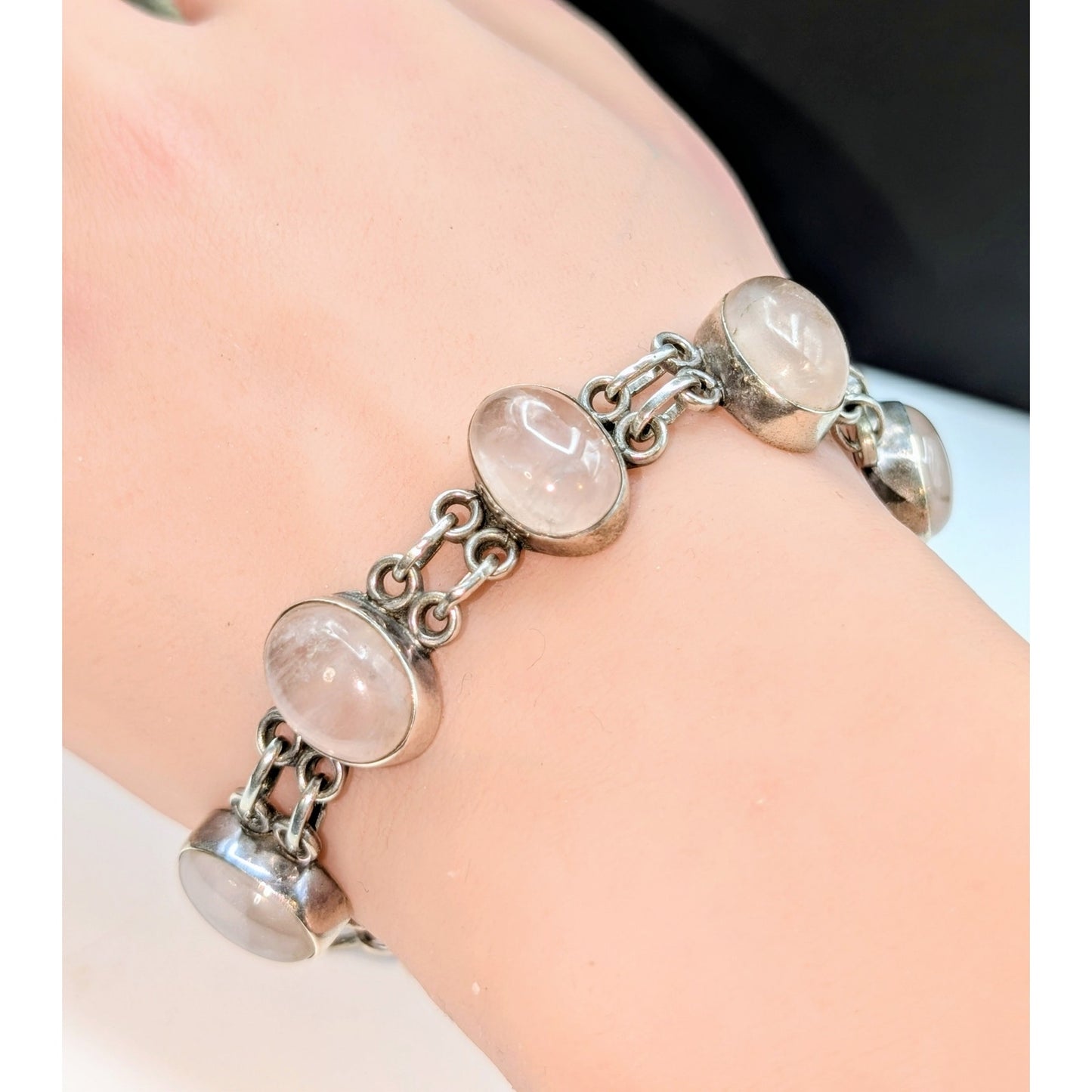 Vintage 925 Sterling Silver Rose Quartz Toggle Clasp Bracelet
