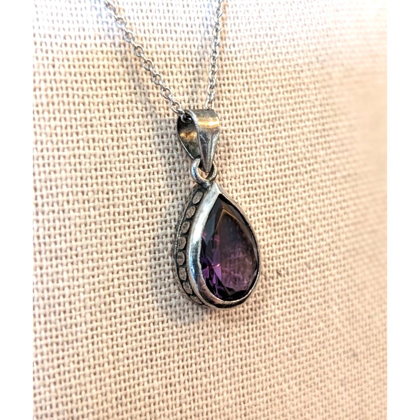 925 Sterling Silver Amethyst Teardrop Beaded Side Pendant 18" Necklace