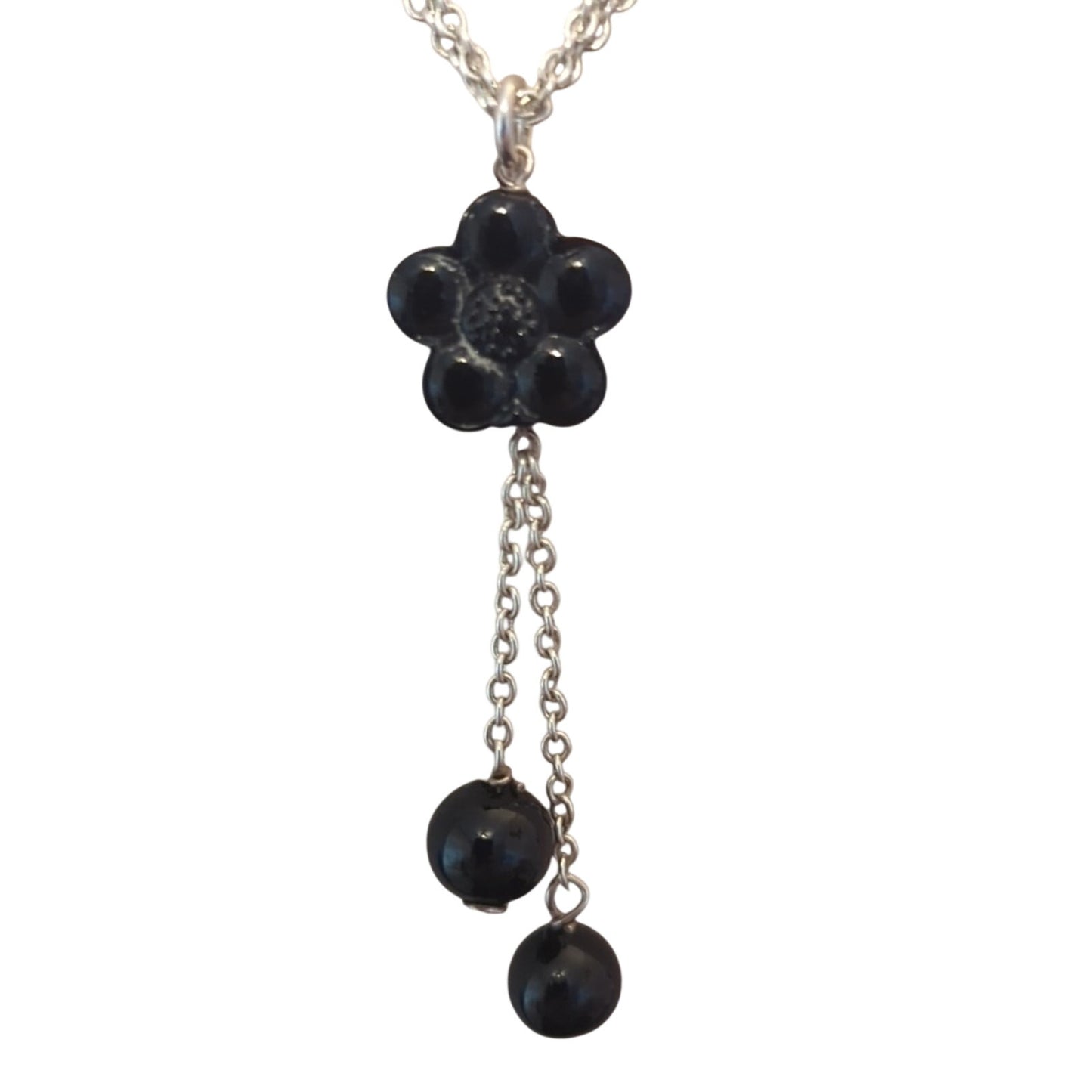 Double Strand 925 Sterling Silver Chain with Black Glass Beads