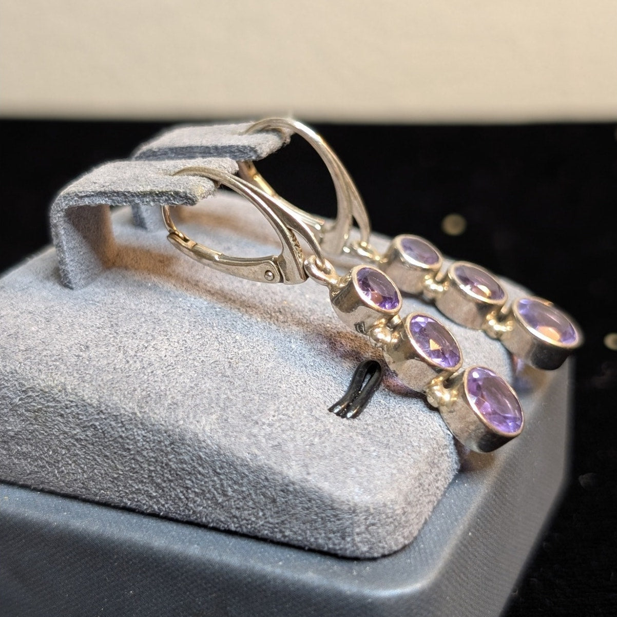 Three Round Graduated Bezel Set Amethyst Gemstone Sterling Lever Back Earrings