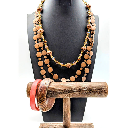 Four Piece Brown Pink Wood Crystal Animal Print Lot of 2 Necklaces & 2 Bracelets