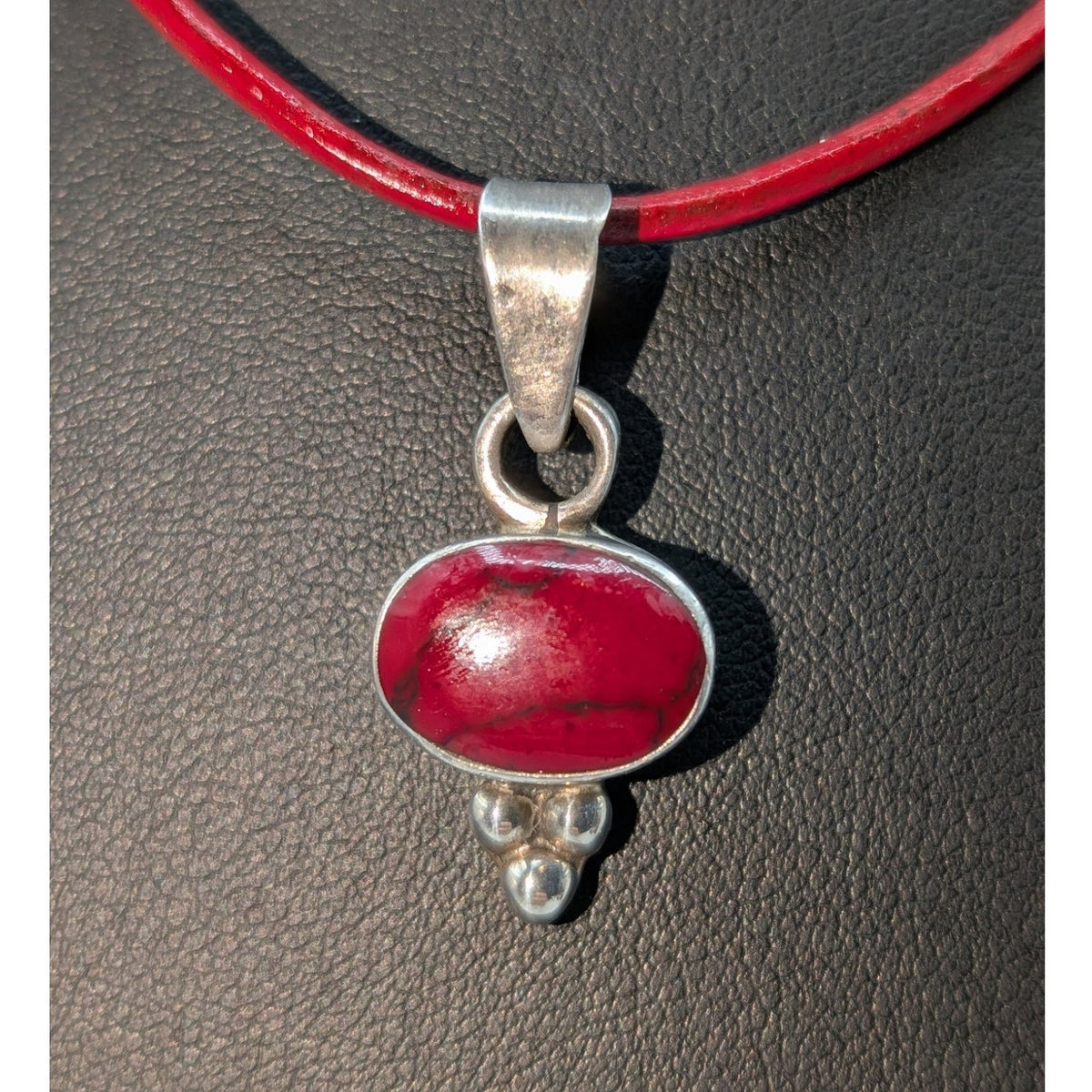 Vtg 925 Sterling Mexican Taxco Red Jasper Pendant Red Leather Cord Necklace