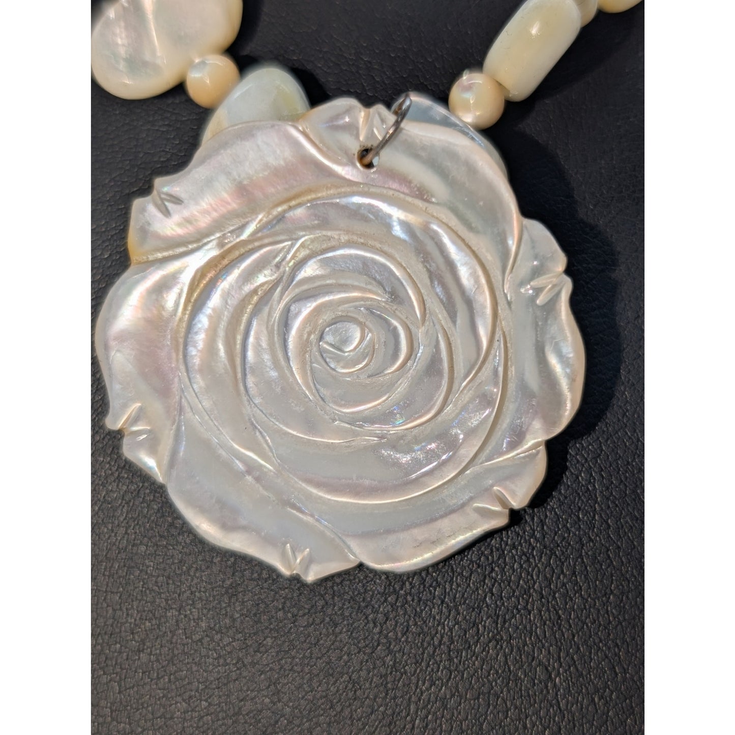 Vintage 925 Sterling Mother of Pearl Two Strand Bead Rose Pendant Necklace