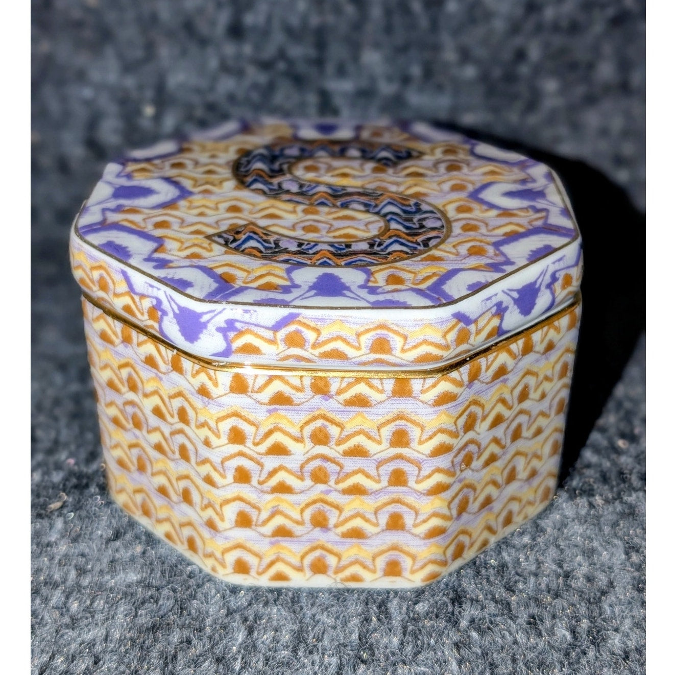 Anthropologie 3" Ceramic Trinket Box Letter 'S' Monogram Purple Gold