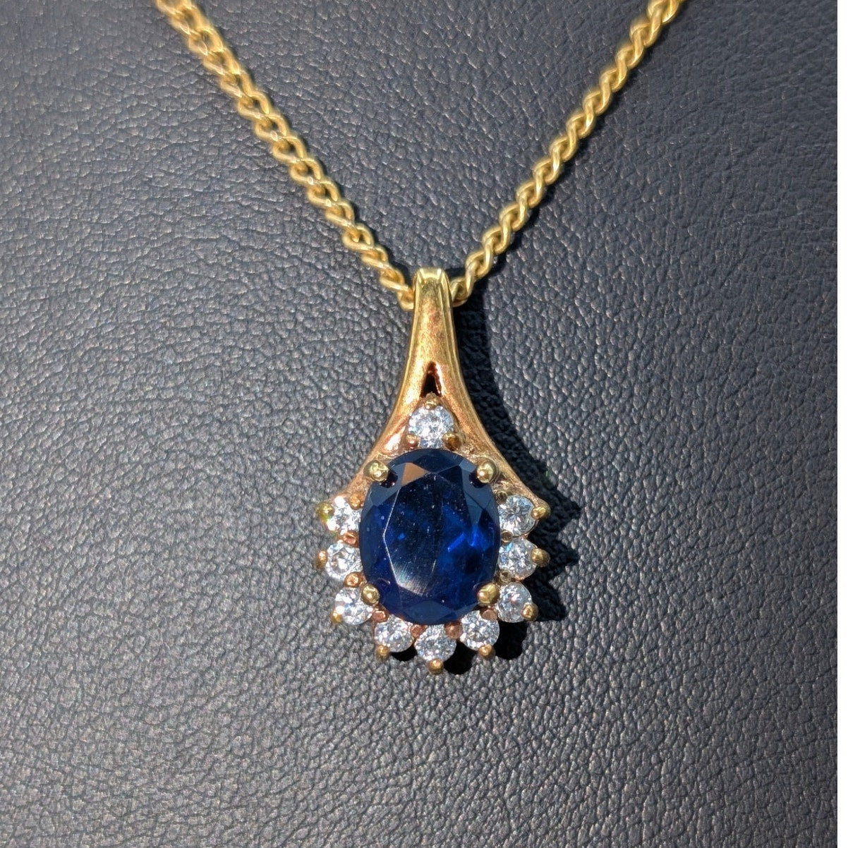 Vintage 14K Gold Electroplate Blue & Clear Stone Gold Tone Chain17"  Necklace