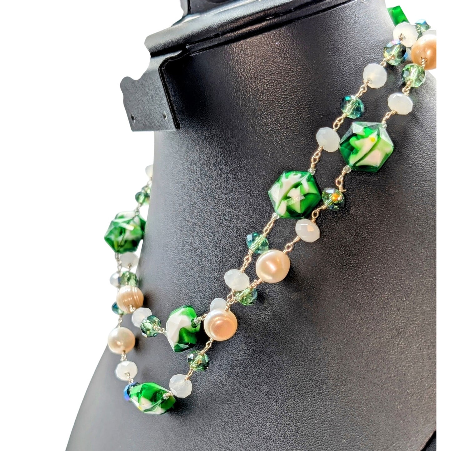 925 Sterling Silver Green White Swirl Glass Genuine Pearl Crystal 34" Necklace