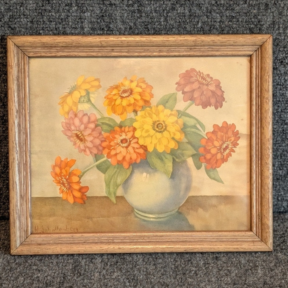 Antique Huibert Schallenberg Signed Botanical 'Mums' Wood Framed Print