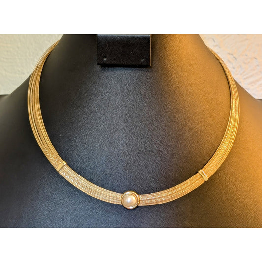 14k Multi-Strand Gold Flex Wire Pearl Enhanced Collar Necklace