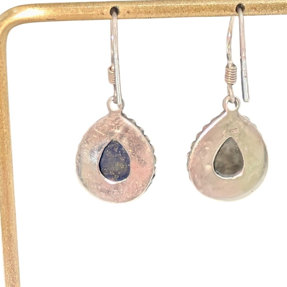 Vintage Lapis Lazuli Beaded 925 Sterling Silver Wire Dangle Earrings