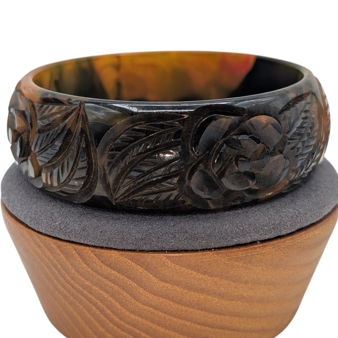 Rare 1930s Carved Roses Translucent End of Day Bakelite Bangle Bracelet