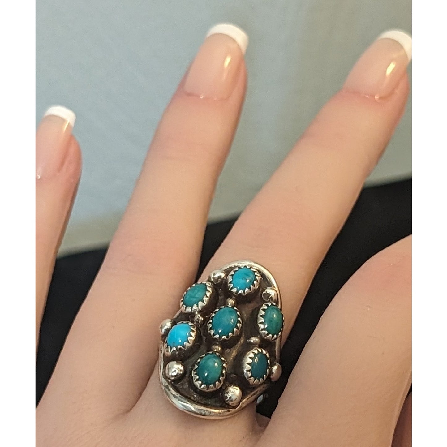Vtg 925 Sterling Snake Eyes Turquoise Signed L. Henderson 80s Ring Sz 7.25