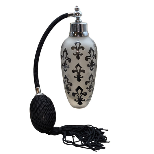 Vintage 6" Frosted Glass Fleur de Lis Design Perfume Bottle W/ Atomizer