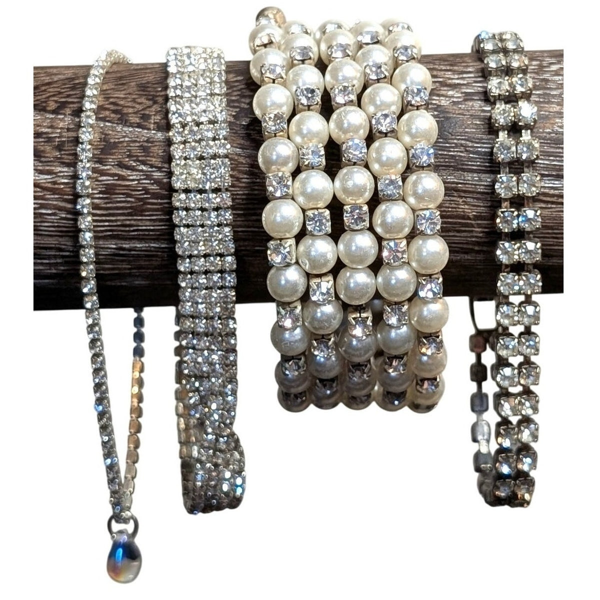 Lot of Four Vintage Pearl Rhinestone Silver Tone Bracelets