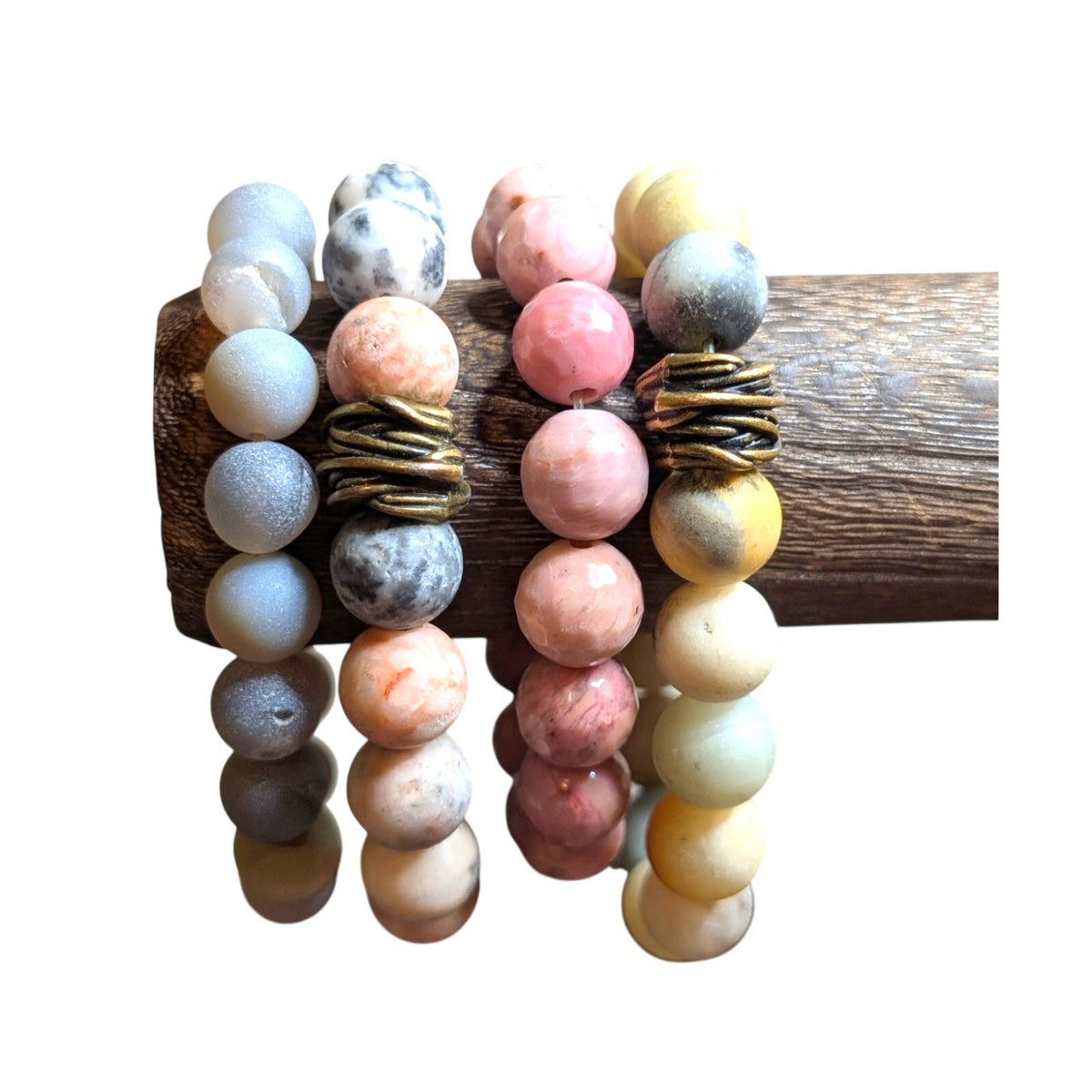 Lot of Four Pink Gray Yellow Stone Bead Stretch Bracelets