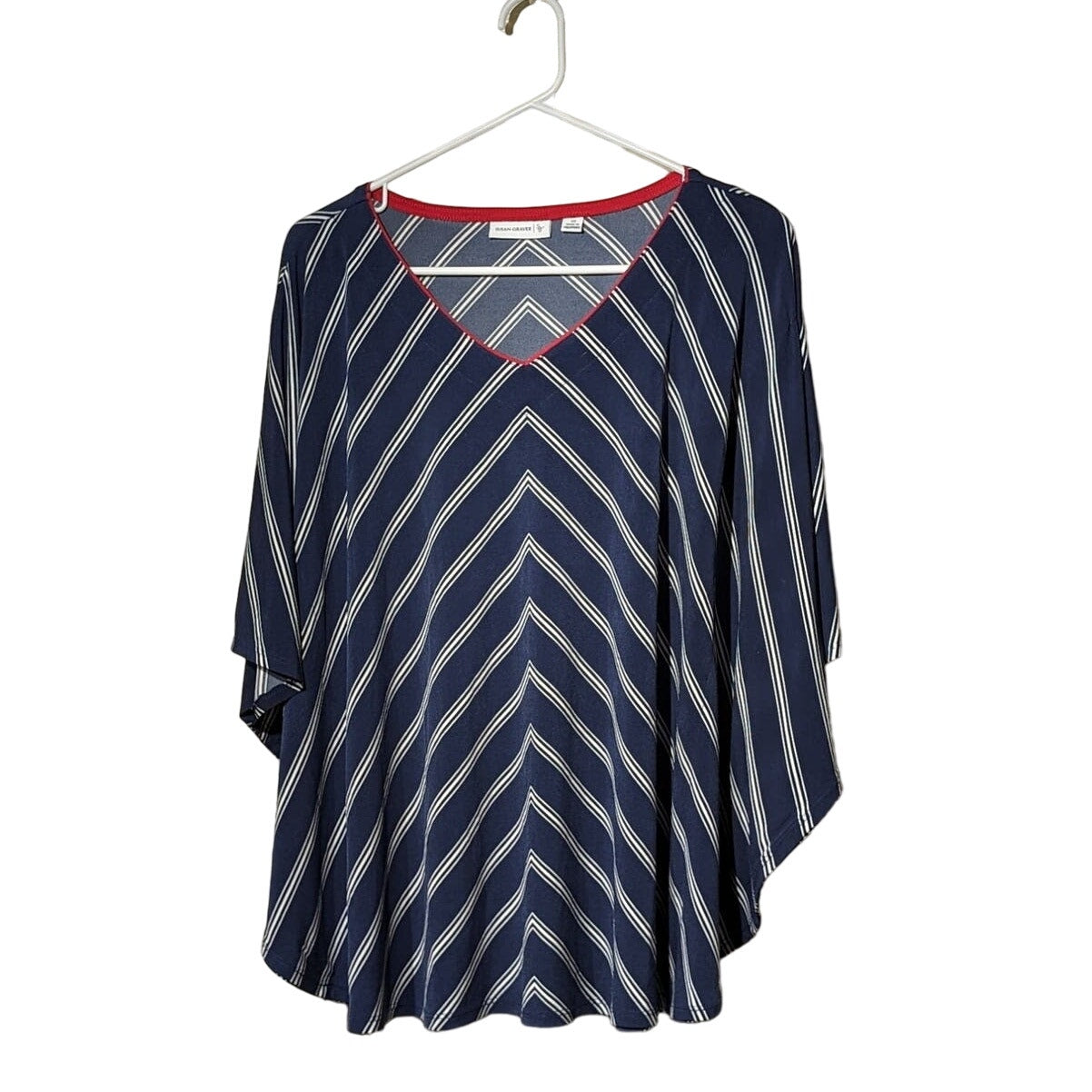 Susan Graver Navy Chevron Liquid Knit V-Neck Scarf Top Womens Sz XS