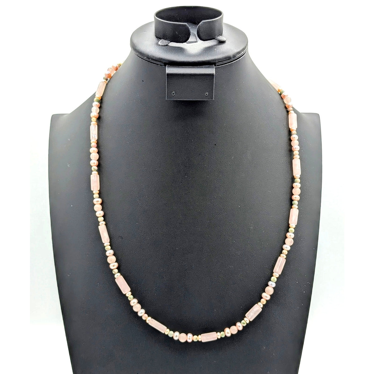 Vintage Pink Quartz Bar Agate Pearl Bead Hook Clasp 24" Necklace