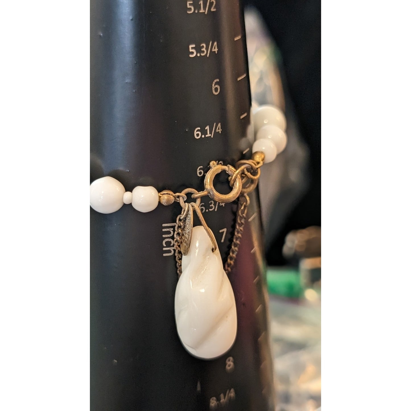 Miriam Haskell White Milk Glass Bead Dangle Charm Safety Chain Signed Bracelet
