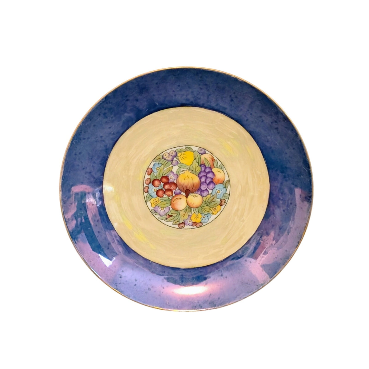 Vintage Blue Lustre Rim Painted Fruit 8" Plate Signed JV Cook