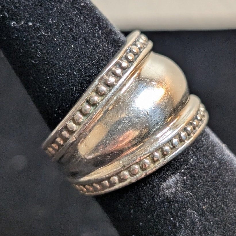 Vtg 925 Thailand Sterling Wide Graduated Beaded Edge Solid Domed Ring Size 5.75