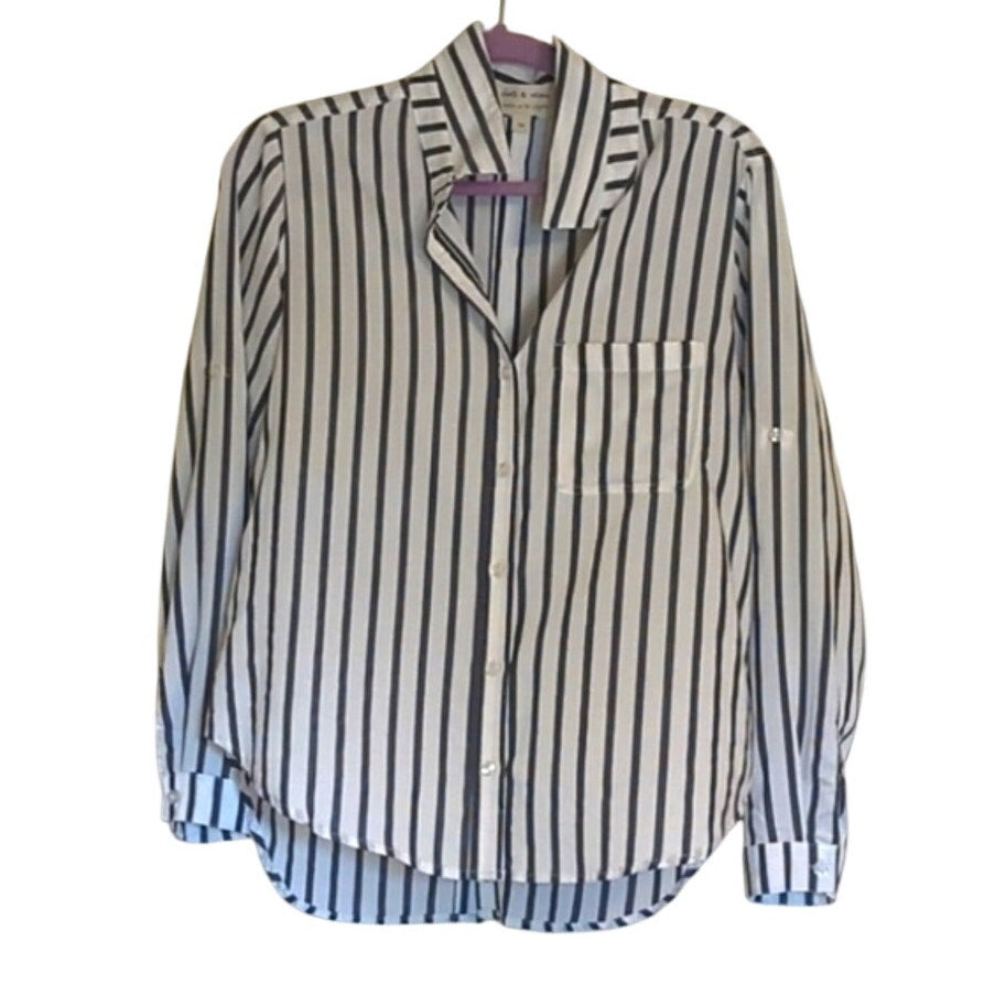 Cloth & Stone Gray Striped Button Up Back Long Sleeve Front Pocket Blouse W Sz M
