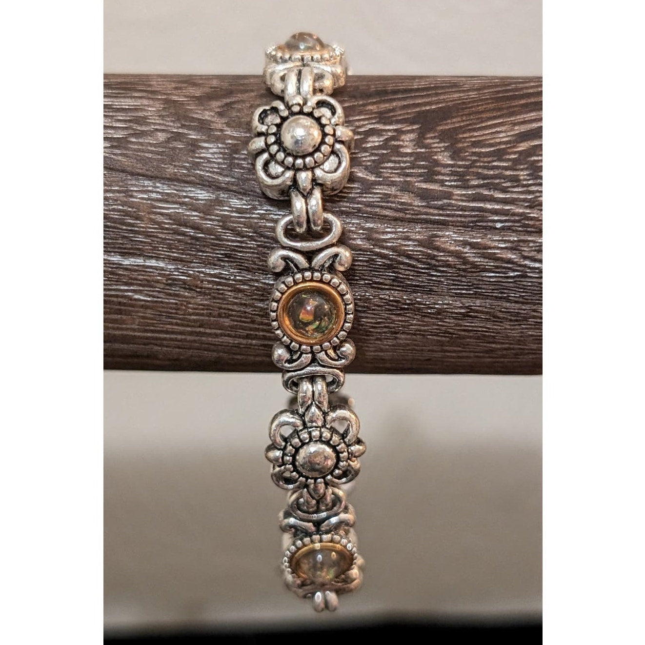 Silver Tone Yellow Opalescent Bead Station Flower Magnetic Closure Bracelet