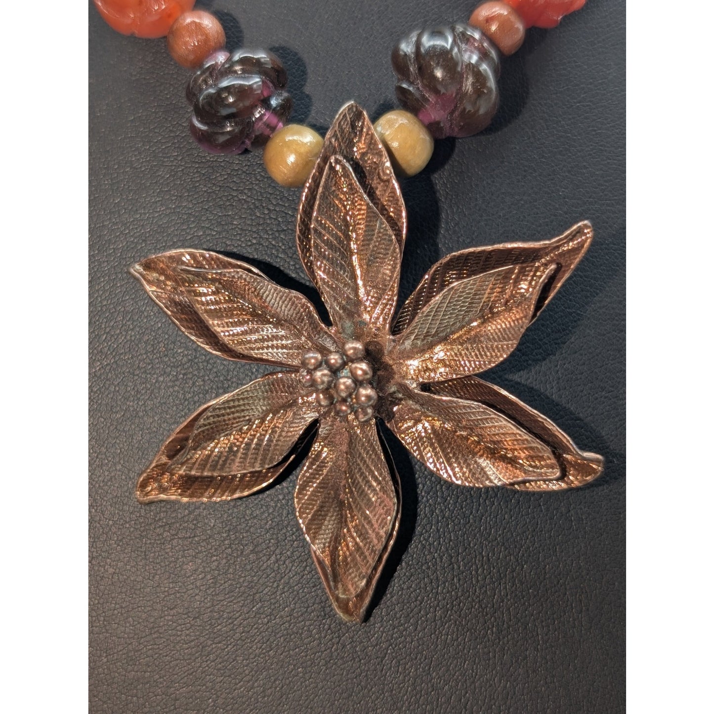 Vtg Cookie Lee Bronze Metal Floral Flower Seed Bead Pendant Statement Necklace