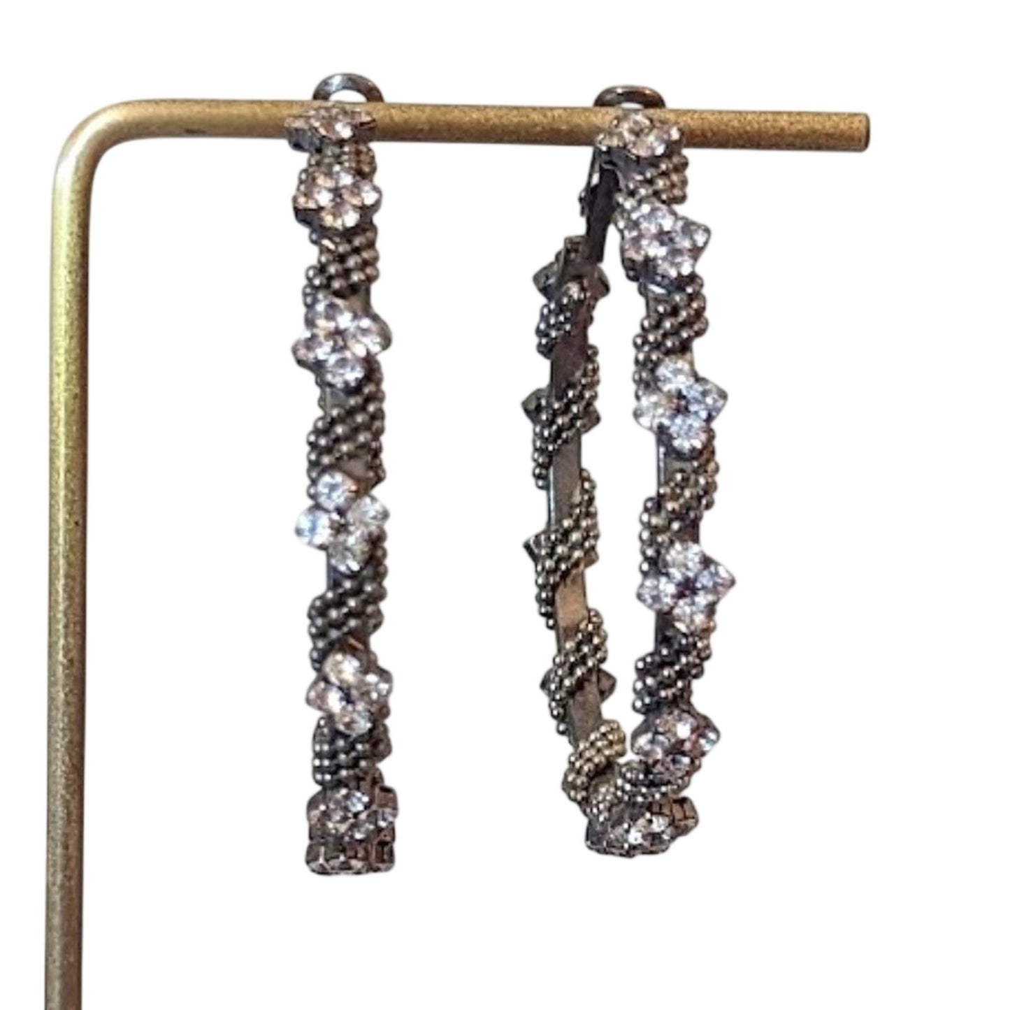 Gun Metal Beaded Flower Rhinestone Hoop Earrings