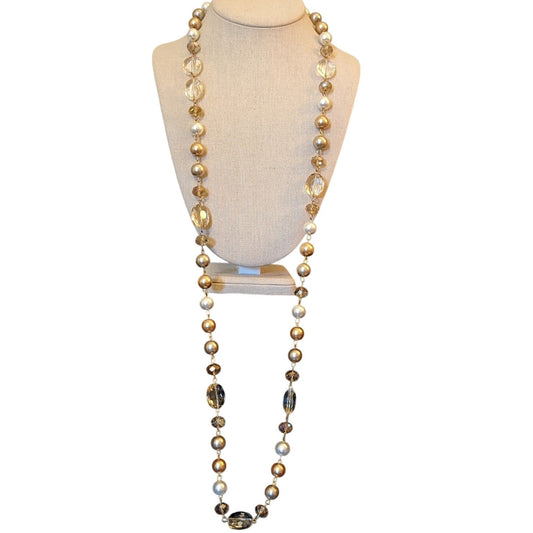 Gold Champagne Cream Pearl Crystal Bead Long 43" Necklace