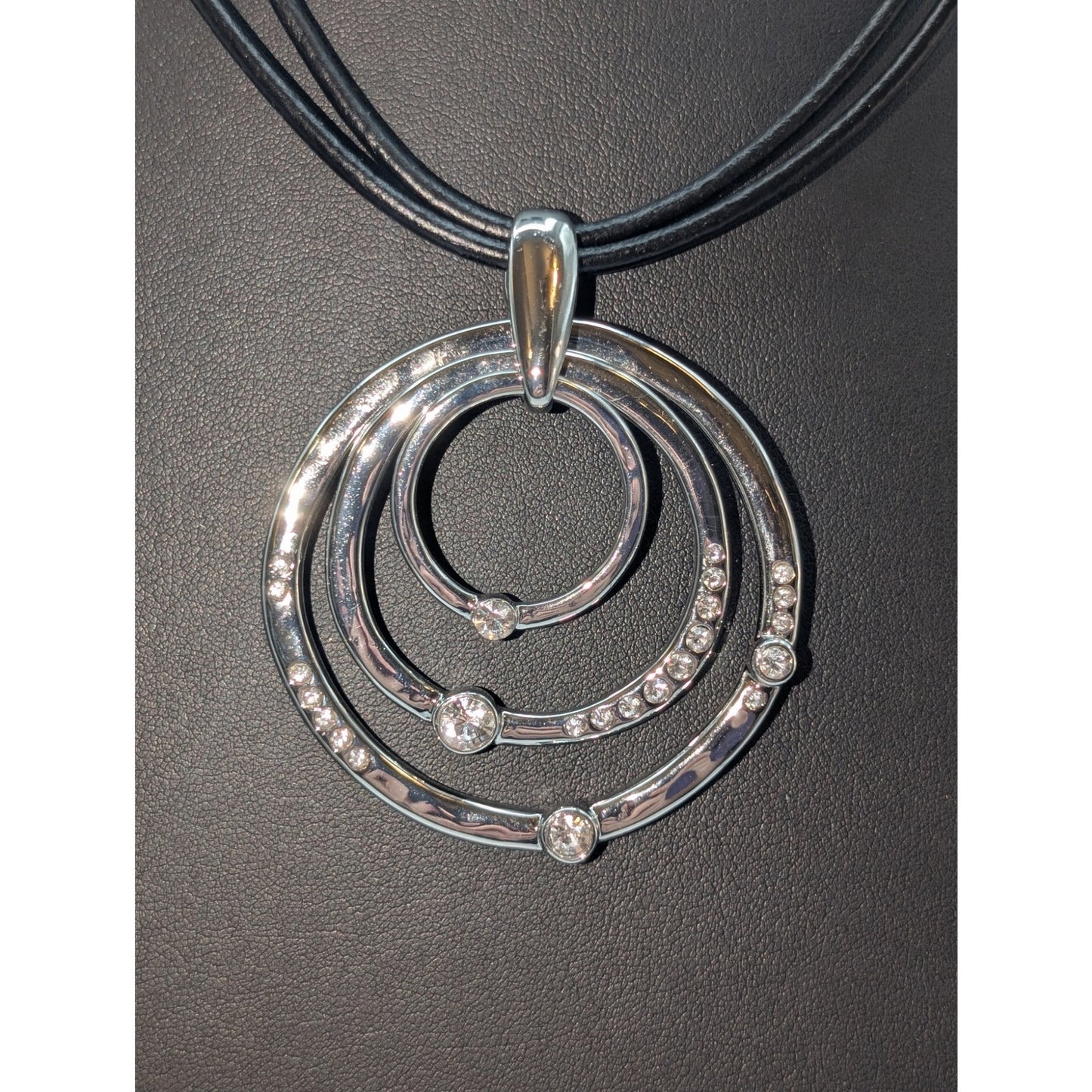Chico's NWT Black Corded Hammered Silver Tone Rhinestone Circle Pendant Necklace