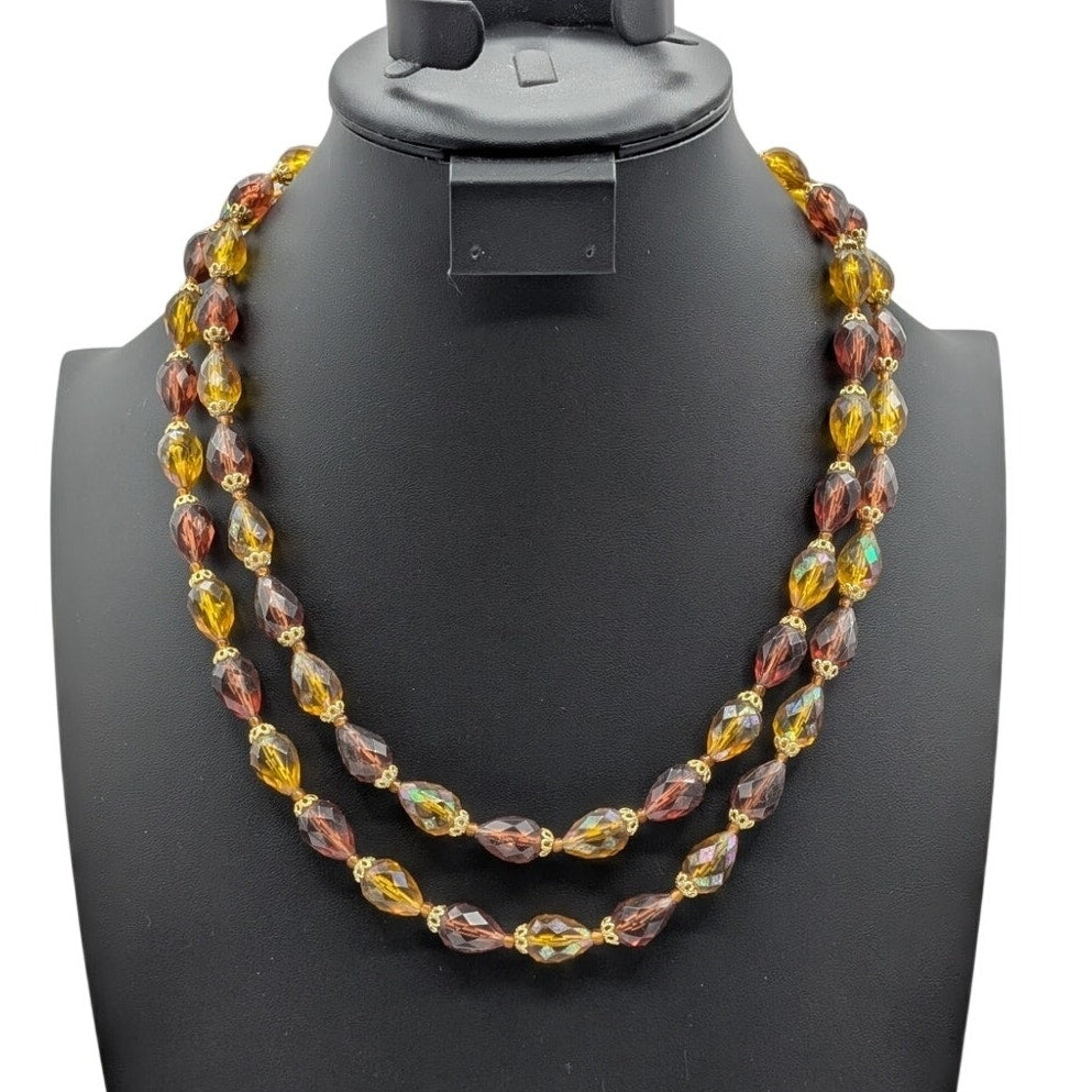 Vintage Double Strand Signed West Germany AB Gold Caramel Acrylic Bead Necklace
