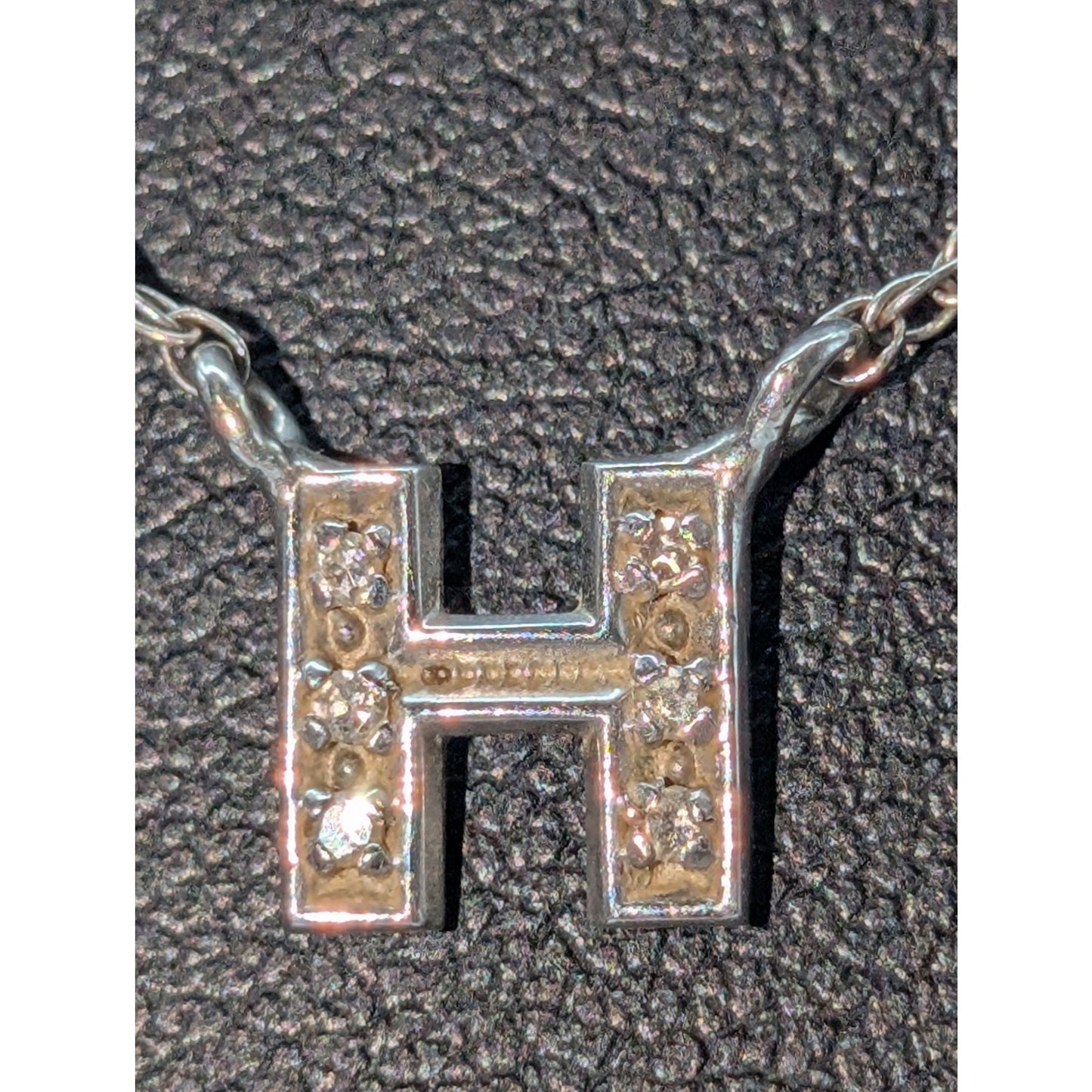 Vintage 14K White Gold 6 Diamond Letter 'H' Chain Necklace W/ Spring Ring Clasp