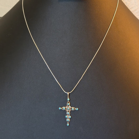 Vintage 925 Sterling Silver Petit Point Sawtooth Set Turquoise Cross Necklace