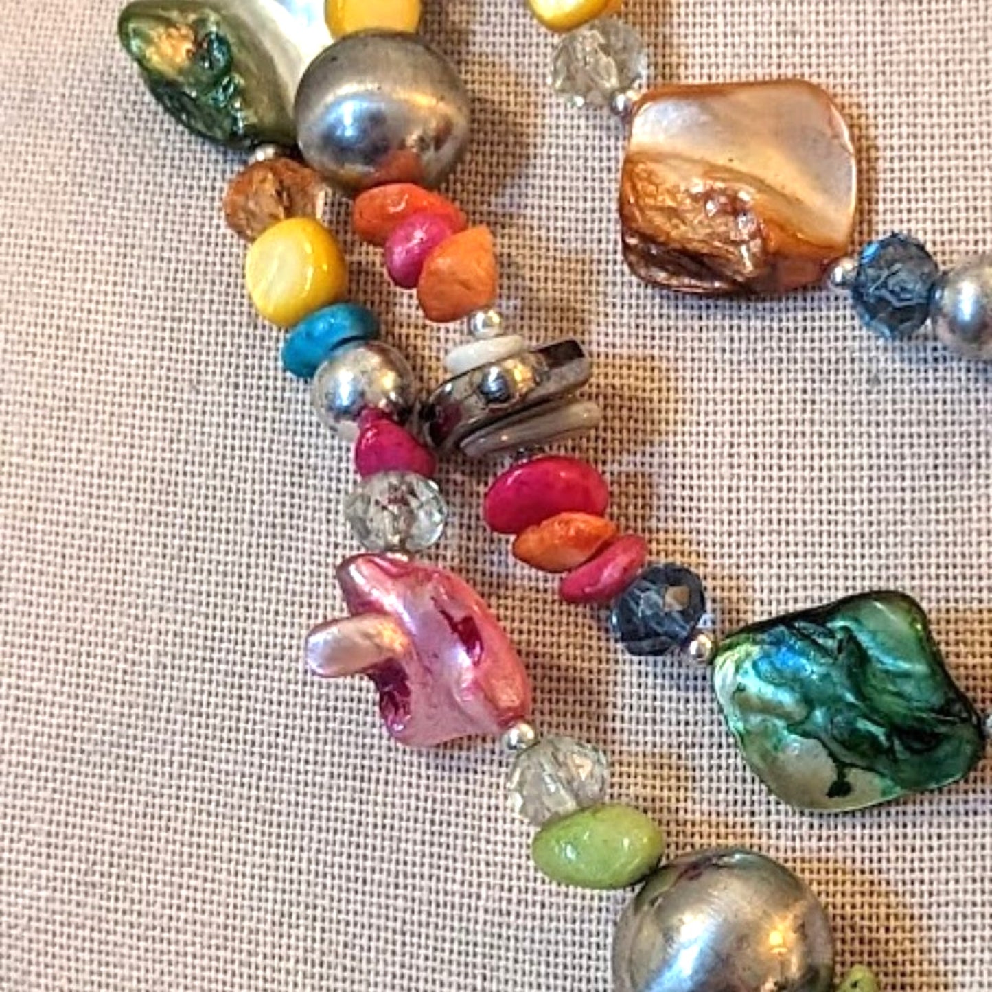 Rainbow Colored Shell and Stone Chip Beaded Silver Tone Necklace
