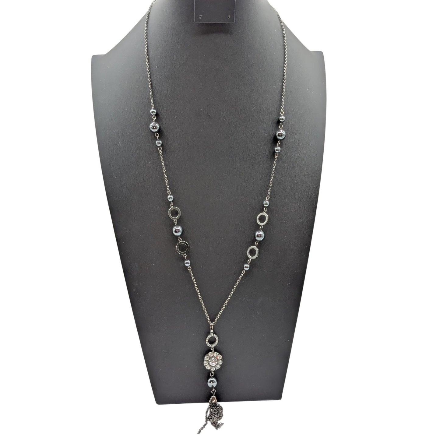 Lia Sophia Gun Metal Metallic Bead Rhinestone Tassel 27"-30" Chain Necklace