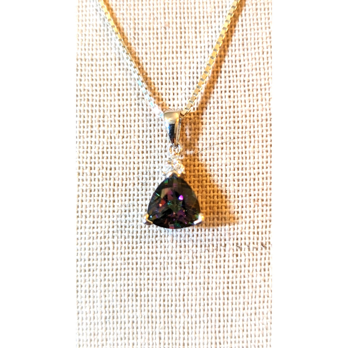 925 Sterling Trillian Cut  Mystic Topaz W/ 3 CZ Pendant Box Chain 18" Necklace