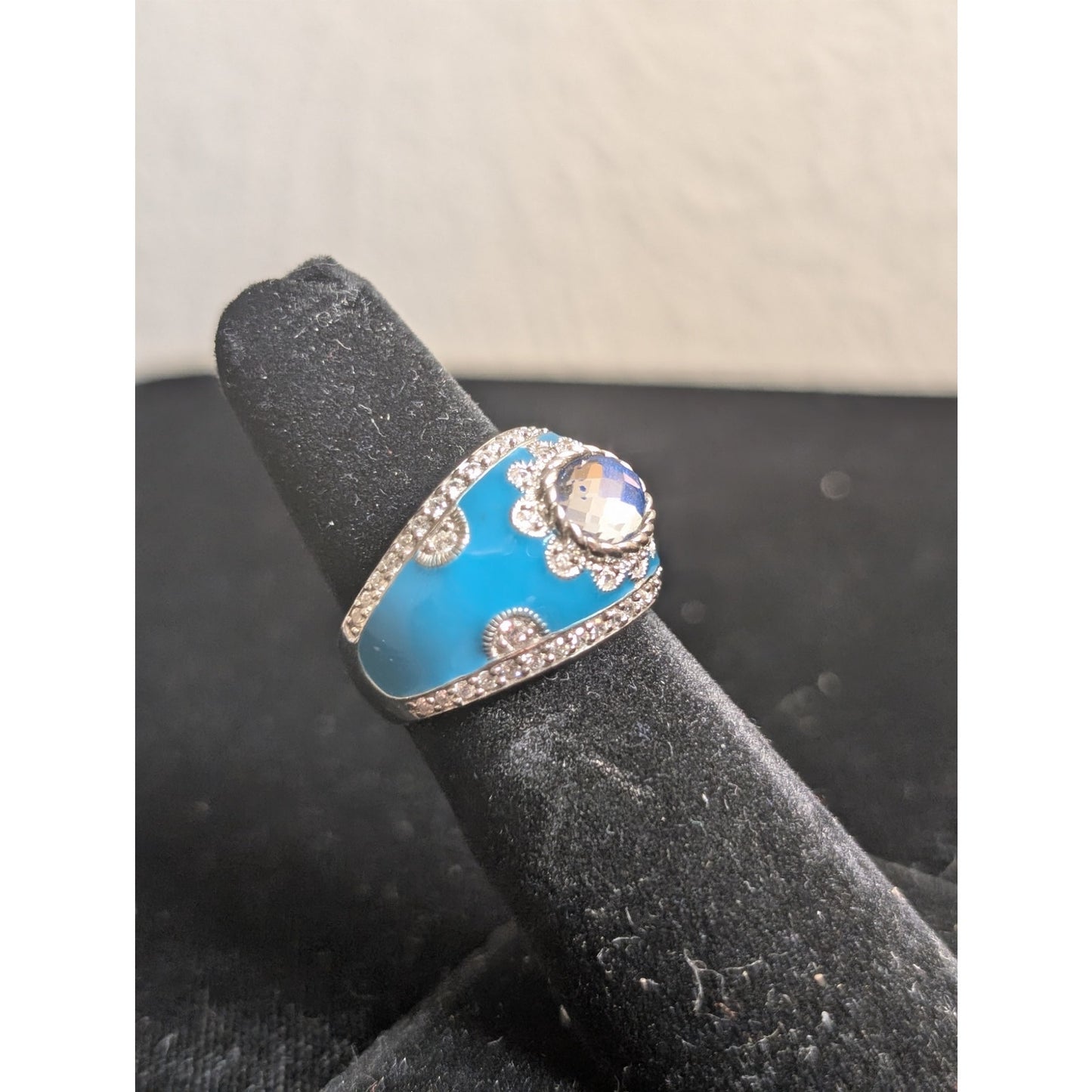 Judith Ripka Aqua Enamel Blue Spinel CZ 925 Sterling Cigar Band Ring Sz 5.75
