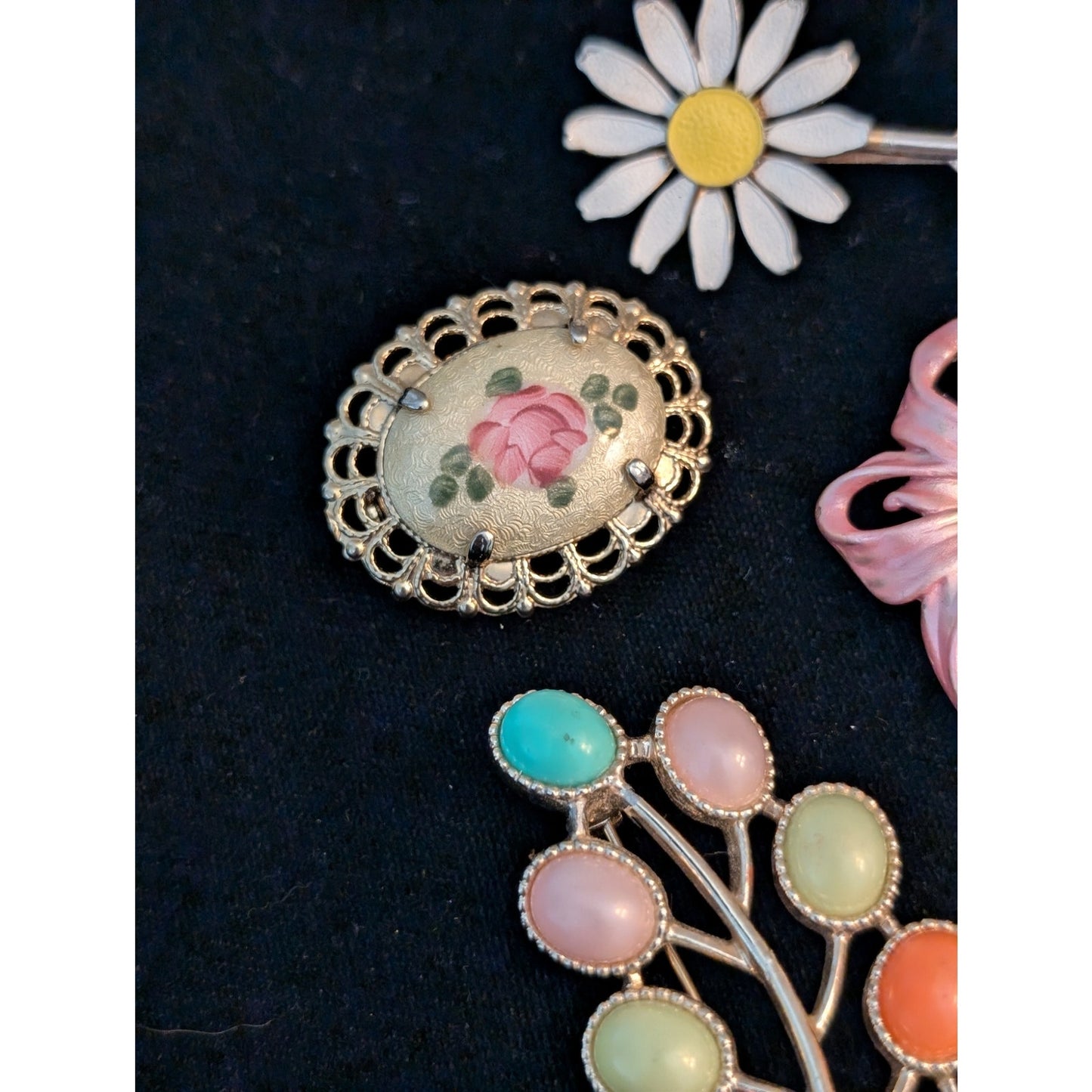 Lot of Six Vintage Flower Pink Theme Collage of Brooches