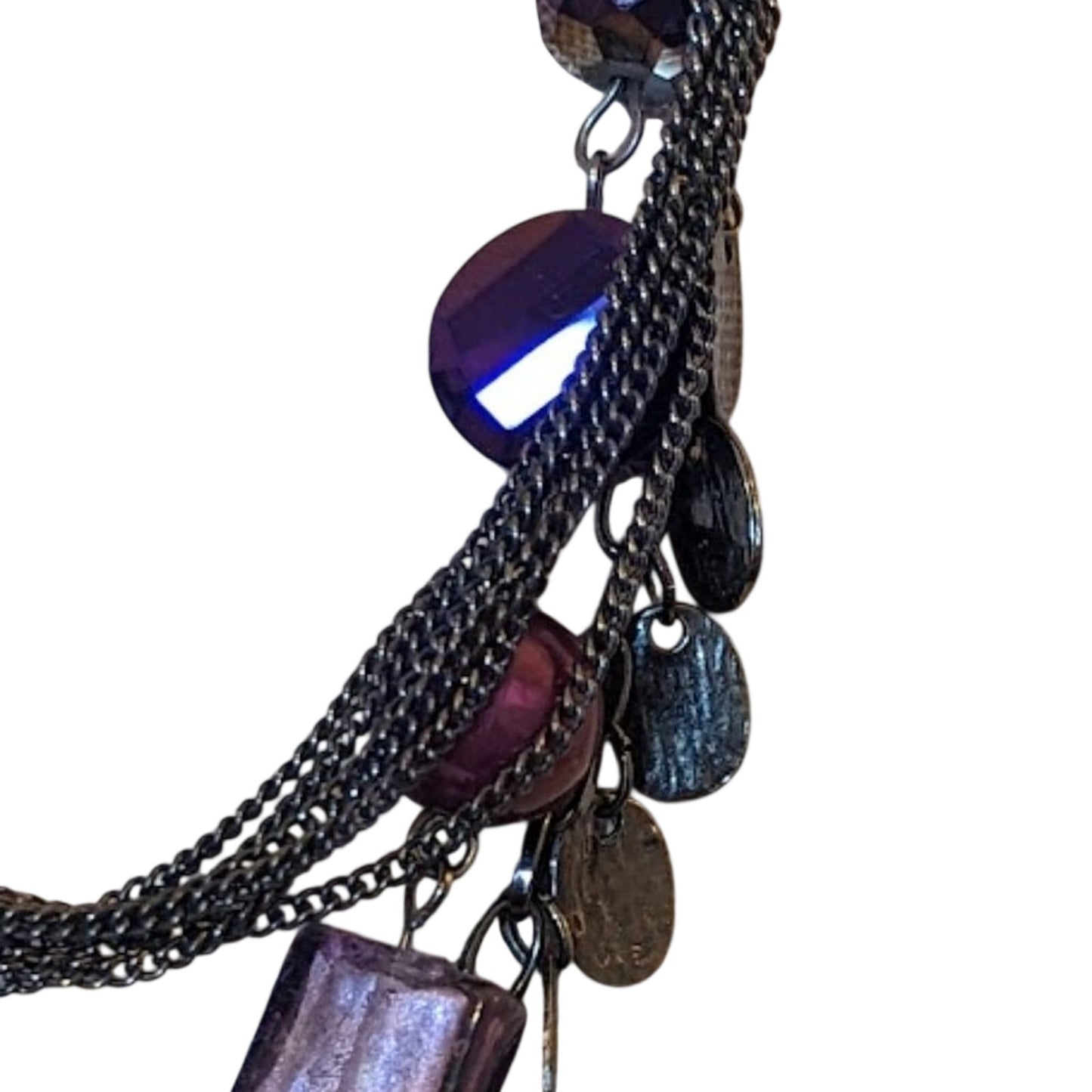 Three strand Gun Metal Chains with Shades of Purple Necklace