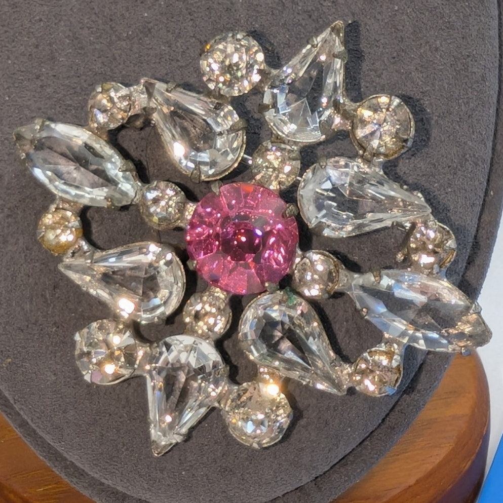 Vintage Silver Tone Clear & Pink Rhinestone Brooch
