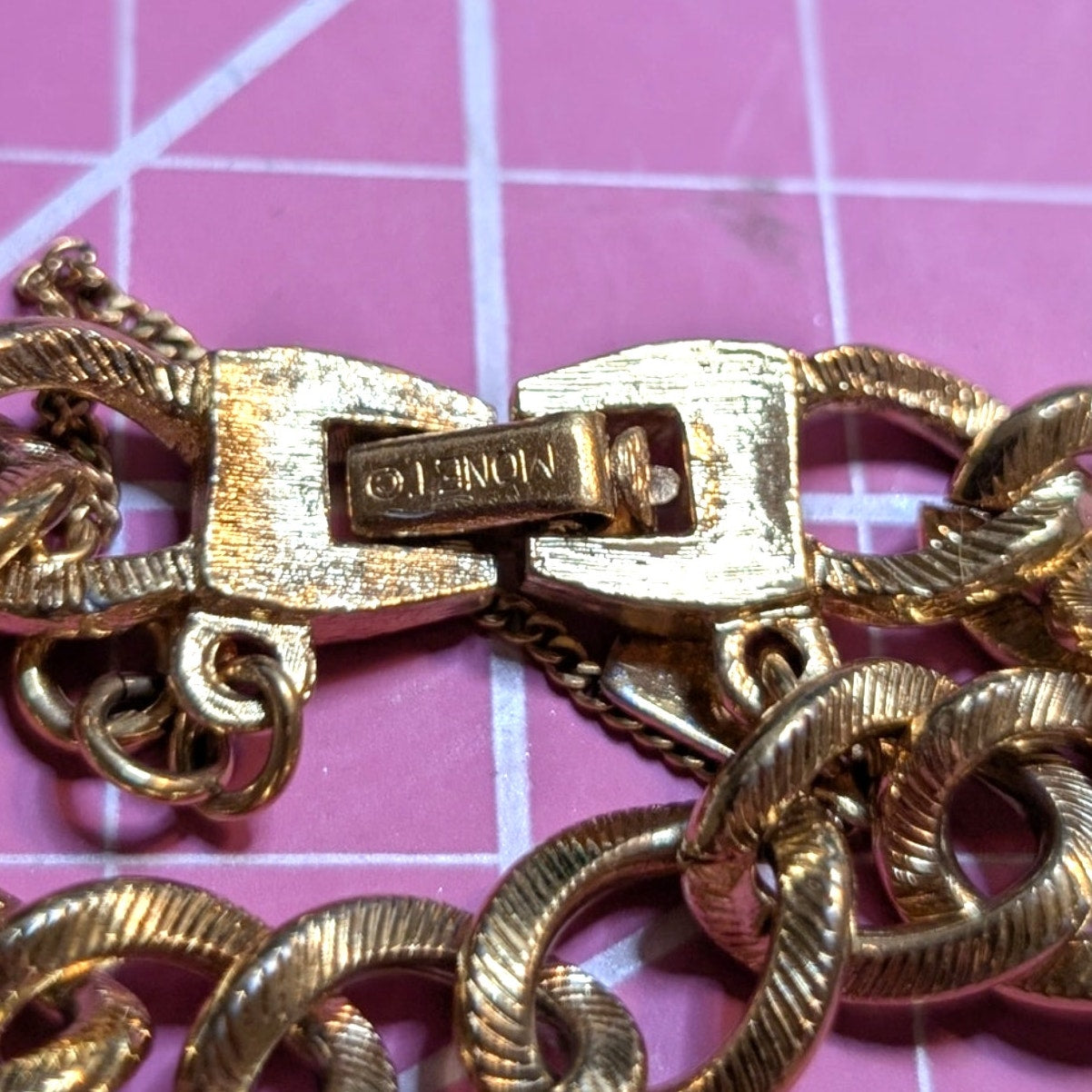 MONET Vintage Gold Tone Textured Cuban Link Safety Chain Charm Bracelet