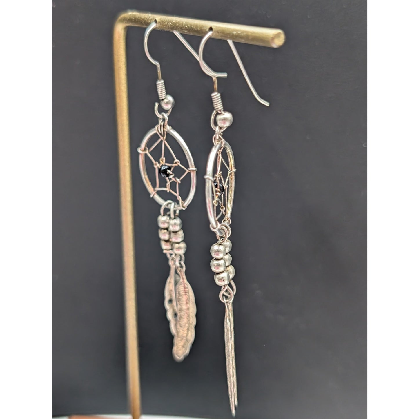 Silver Tone Dream Catcher Feather Dangle Hoop Earrings