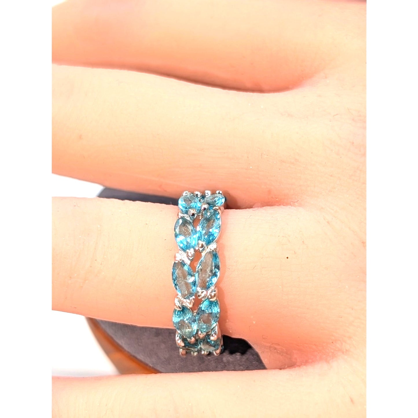 925 Sterling Silver Marquis Cut Blue Glass Eternity Band Ring Size 6.75-7