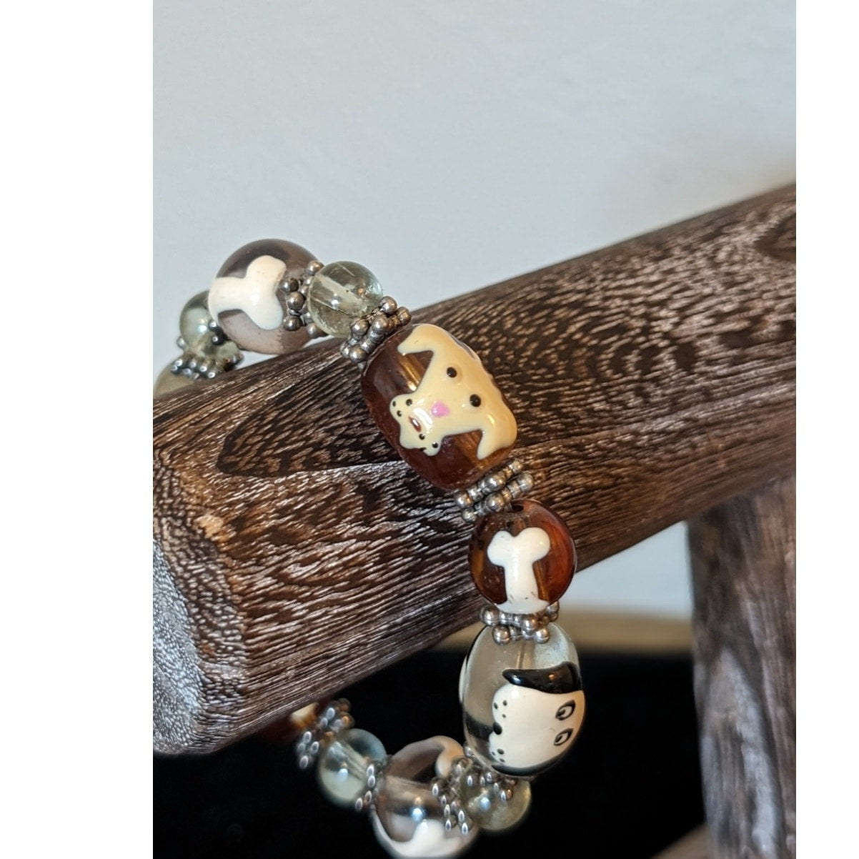 Dog Paw Bone Bead Stretch Bracelet W/ Silver Tone Beads