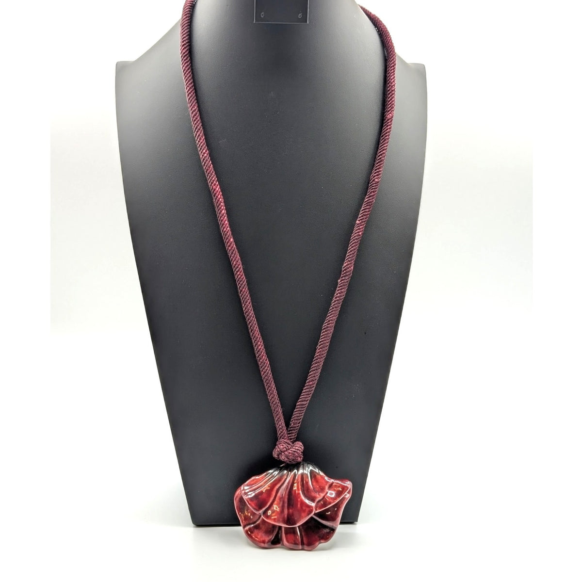 Carol Halmy Hand Made Porcelain  Burgundy Pendant Cord Necklace