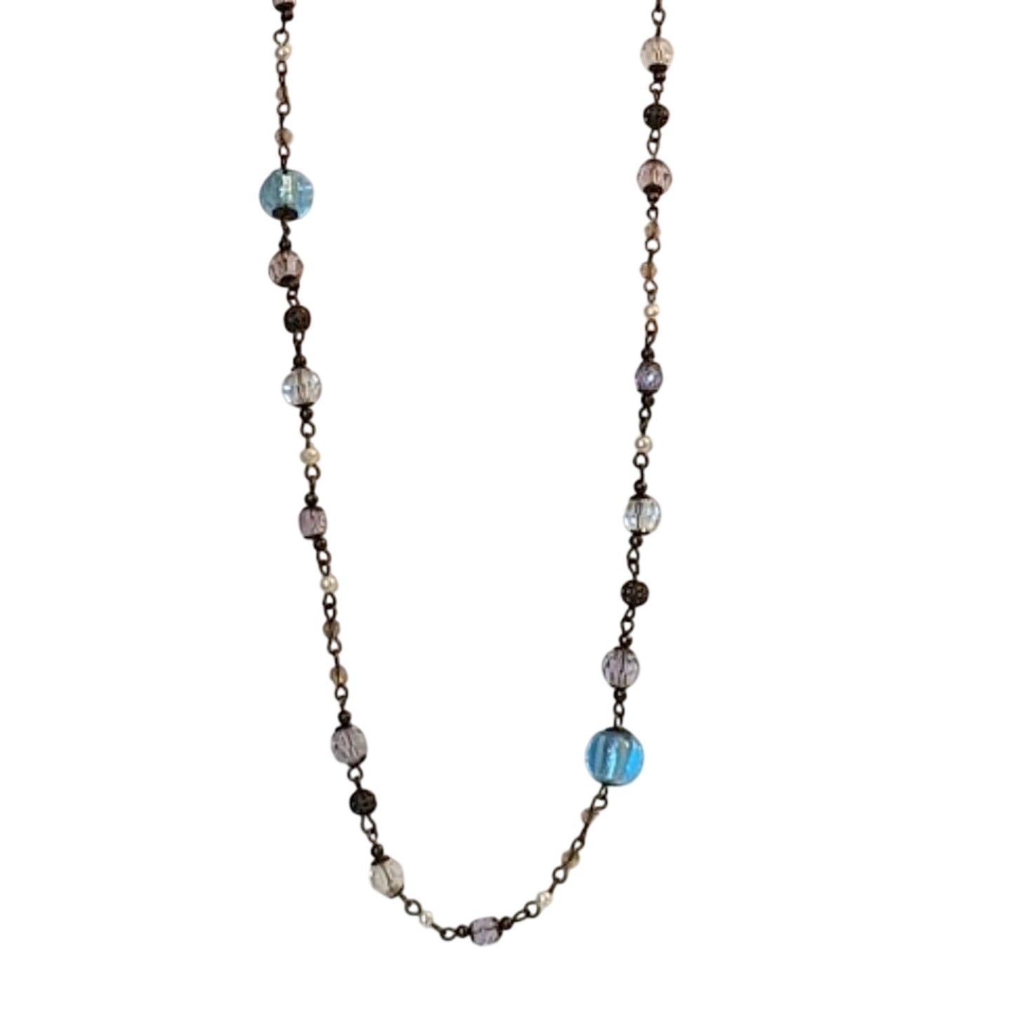 Boho Antiqued Bronze Glass Filigree Metal & Faux Pearl Bead Chain 42" Necklace