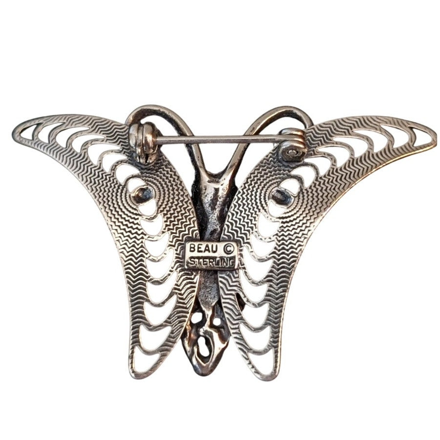 Beaucraft Vintage Sterling Silver Flower Filigree Butterfly Brooch