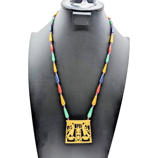 Vintage MMA 1976 Egyptian Scarab Falcon Gold Tone Pectoral Stone Bead Necklace