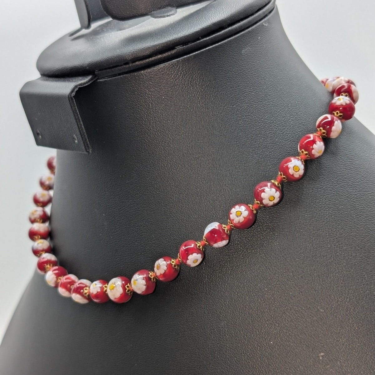 Antica Murrina Venezia Red Glass White Rose Millefiori Bead 16.5" Necklace