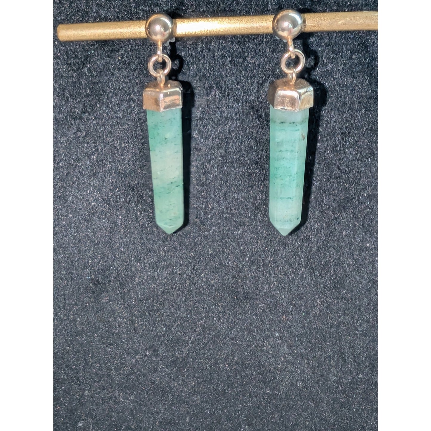 Vintage Green Adventurine Prism Gold Tone Dangle Post Earrings