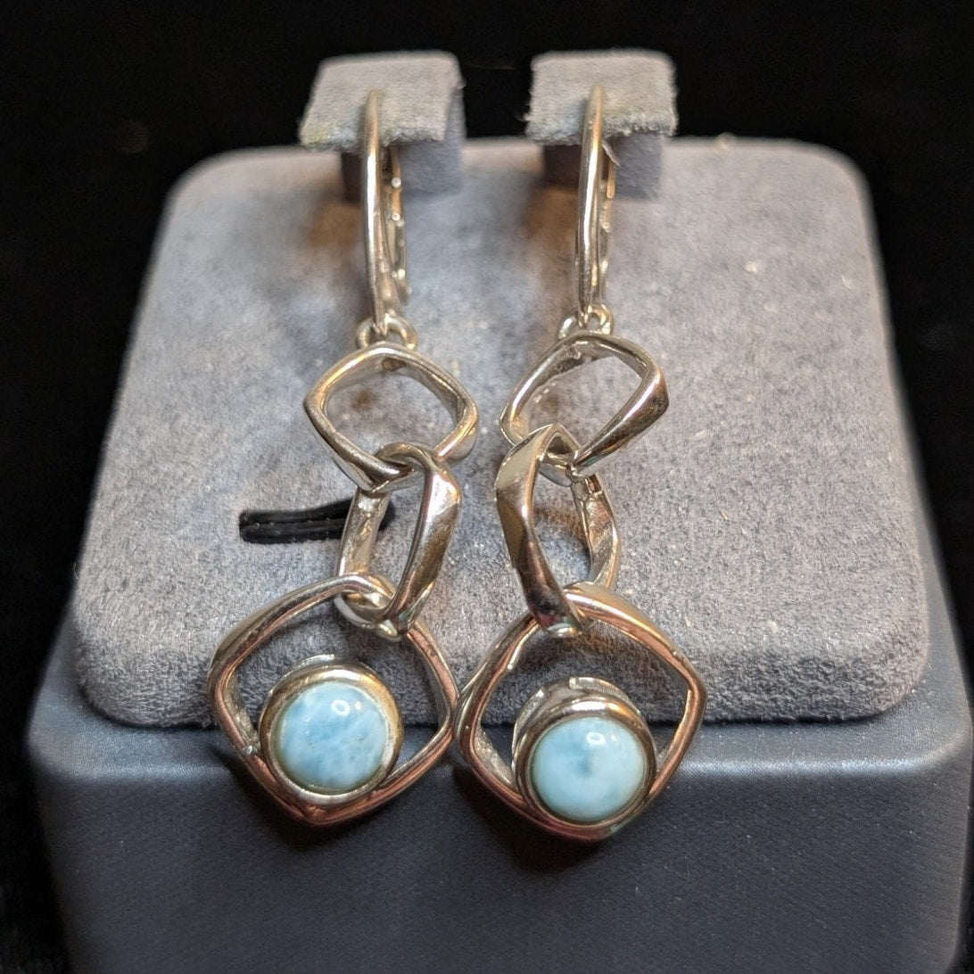 Vintage 925 Sterling Silver Loopy Dangle Lever Back Larimar Stone Earrings